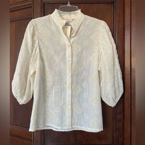 S: Ivory Lace Cotton Blend Short Puff Sleeve Button Up Shirt Top Relaxed Fit nwt